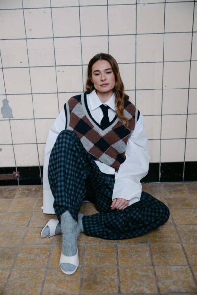 Hanoi trouser marine/grey check Aimee The Label