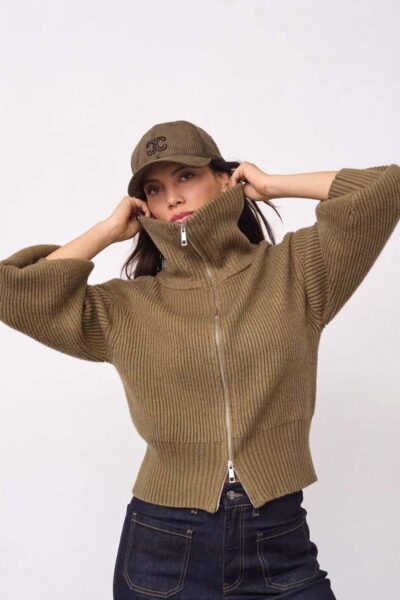 Row nzip knit cardigan army Co’Couture