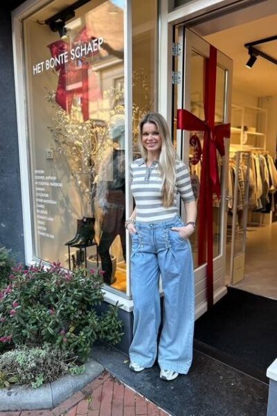 Bonny stripe ss polo knit light grey Co’Couture