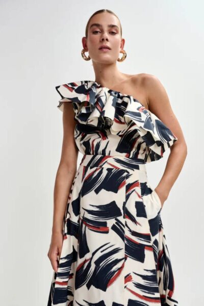 Jillian asym ruffle top C3 burned red Essentiel