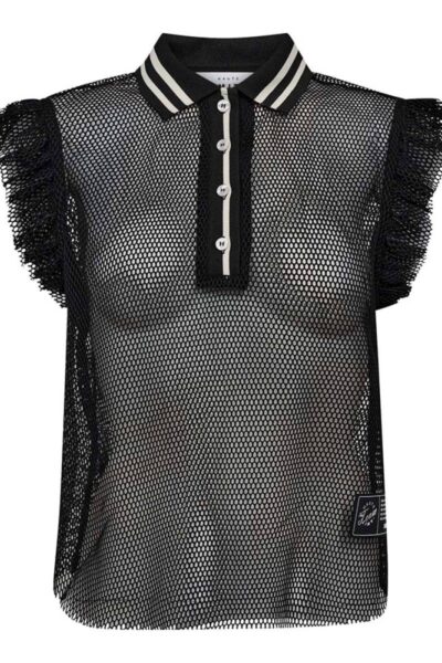 Net frill polo top black Haute L’Amitie