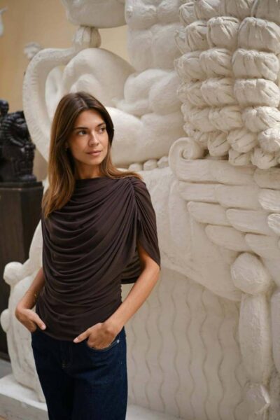 Cottuna drapy mesh top brown Neo Noir