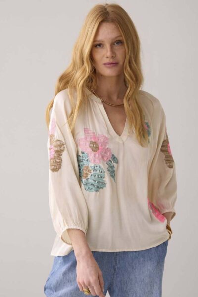 Top solid satin embroidered ivory Summum