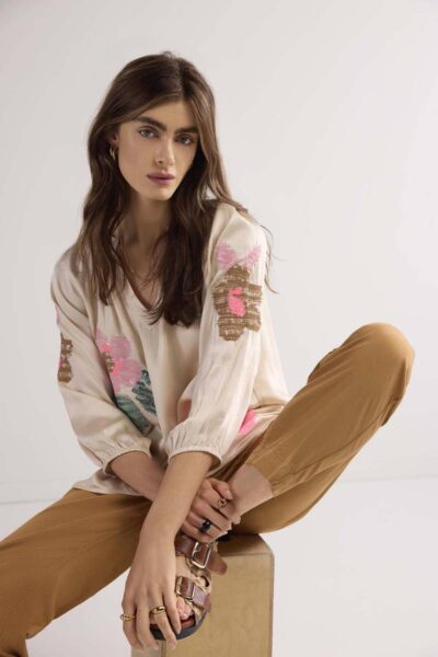 Top solid satin embroidered ivory Summum