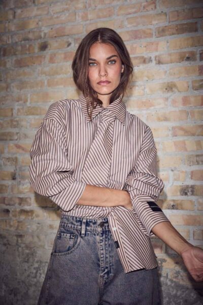 Gemma tie stripe shirt beige Haute L’Amitie
